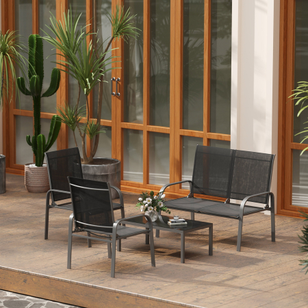 Set de Mobilier de Gradina din 4 Piese cu Canapea, 2 Scaune si Masa de Cafea, 108x66x86 cm, Negru [7]