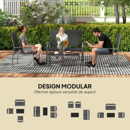  Set de Mobilier de Gradina din 4 Piese cu Canapea, 2 Scaune si Masa de Cafea, 108x66x86 cm, Negru [3]