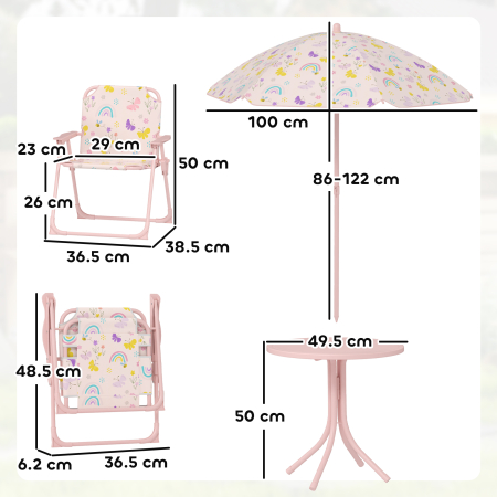  Set de Mobilier de Gradina din 4 Piese cu Masa, Scaune si Umbrela de Soare Reglabila, 50xΦ49,5 cm, Roz [2]