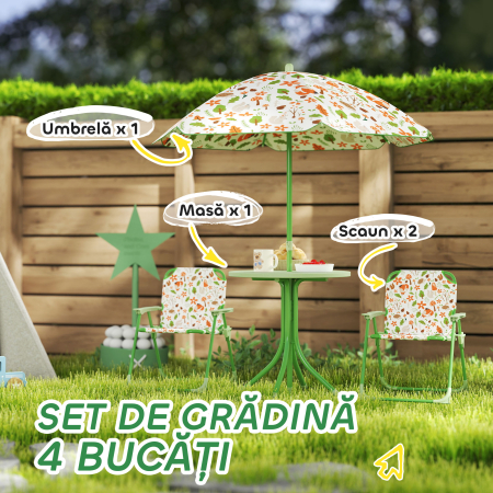  Set de Mobilier de Gradina din 4 Piese cu Masa, Scaune si Umbrela de Soare Reglabila, 50xΦ49,5 cm, Verde [3]