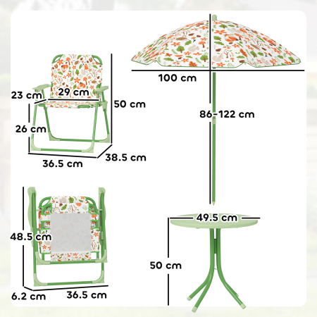  Set de Mobilier de Gradina din 4 Piese cu Masa, Scaune si Umbrela de Soare Reglabila, 50xΦ49,5 cm, Verde [2]