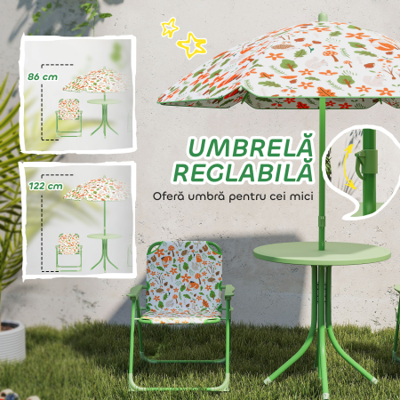  Set de Mobilier de Gradina din 4 Piese cu Masa, Scaune si Umbrela de Soare Reglabila, 50xΦ49,5 cm, Verde [4]
