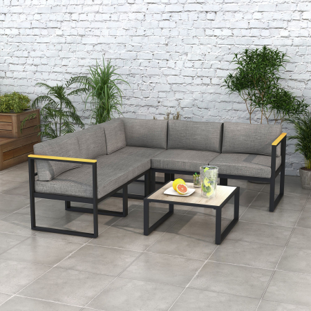 Set de Mobilier de Gradina din 6 Piese cu Pernute de Grosime 10 cm, Set de Canapea cu Cadru din Aluminiu [1]