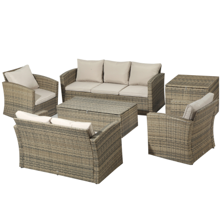 Gradina & balcon -  Set de mobilier de gradina din ratan de 6 piese, canapea si 2 fotolii tapitate pentru 7 persoane, bej
