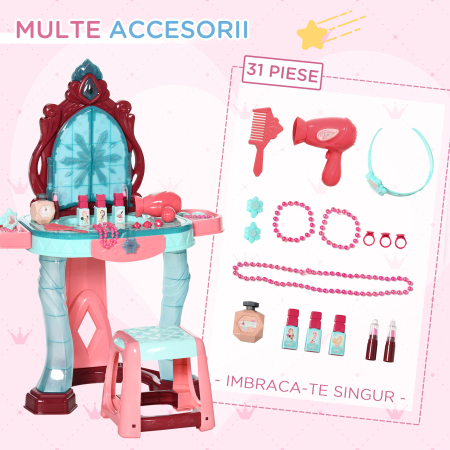  Set de oglinda si masa cu design printesa magica, jucarie muzicala, set de frumusete, pentru 3-6 ani, albastru roz [4]
