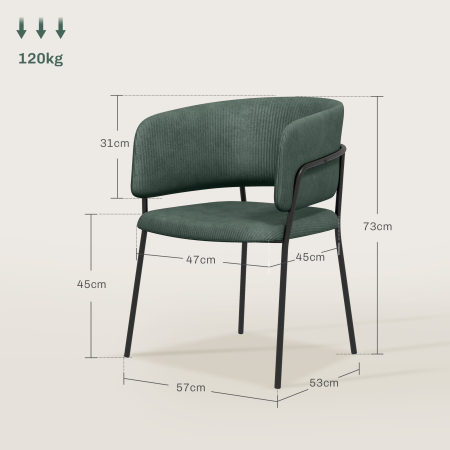  Set de Scaune, Scaune de Bucatarie Tapitate Moderne din Catifea cu Spate, Cotiera si Picioare Metalice, 57x53x73 cm, Verde [2]
