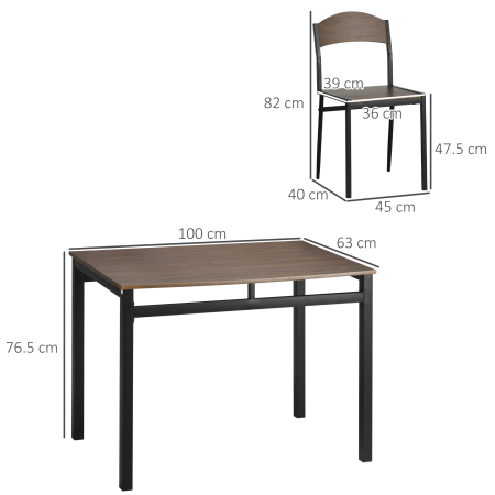  Set de sufragerie 5 piese cu 1 masa dreptunghiulara 100x63x76,5 cm si 4 scaune 45x40x82 cm, otel si MDF, maro negru [2]