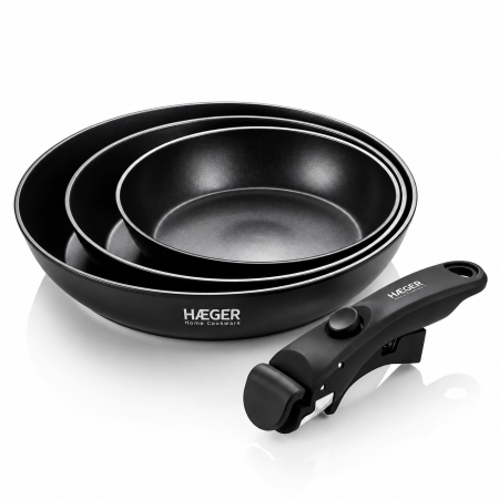 Oale si cratite - Set de tigai HAEGER EASY FIT, 20/24/28 cm, Maner detasabil, Strat antiaderent elvetian ILAG Ultimate, Compatibile cu toate tipurile de plita, Negru