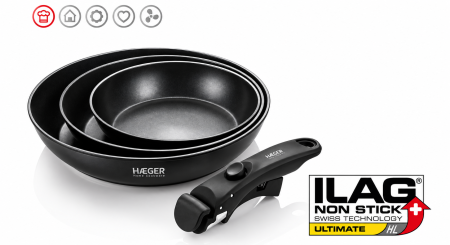 Set de tigai HAEGER EASY FIT, 20/24/28 cm, Maner detasabil, Strat antiaderent elvetian ILAG Ultimate, Compatibile cu toate tipurile de plita, Negru [1]
