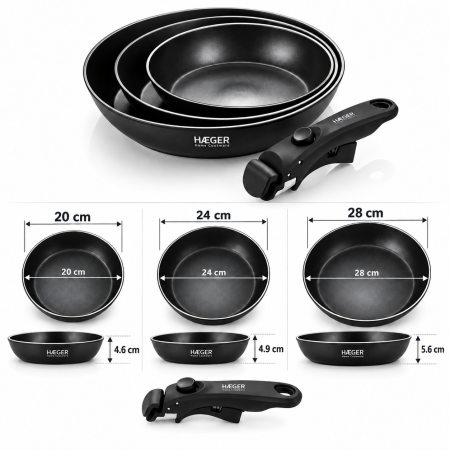 Set de tigai HAEGER EASY FIT, 20/24/28 cm, Maner detasabil, Strat antiaderent elvetian ILAG Ultimate, Compatibile cu toate tipurile de plita, Negru [3]