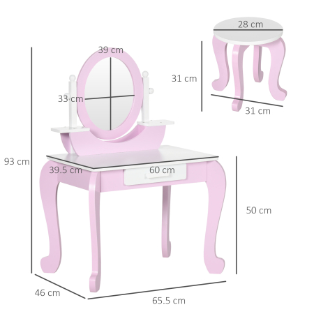  Set de Toaleta Machiaj, Masuta de Machiaj cu Oglinzi si Taburet pentru Copii, Varsta 3-6 Ani, 65,5x46x93 cm, Roz [2]