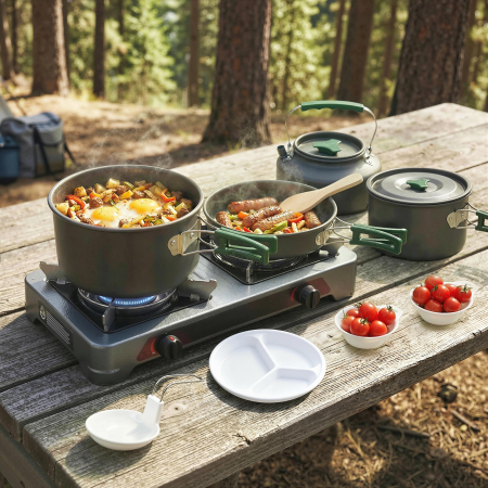  Set de Vase pentru Camping 4-5 Persoane, Kit Gatit din Aluminiu, Gri [1]