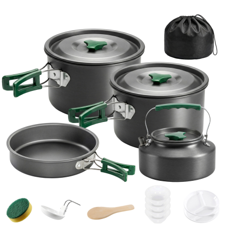 Prelate, pavilioane, umbrele terasa -  Set de Vase pentru Camping 4-5 Persoane, Kit Gatit din Aluminiu, Gri