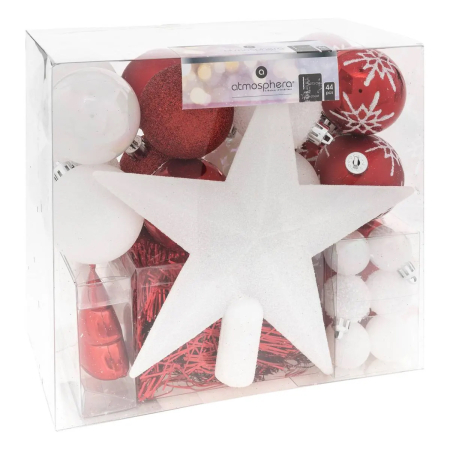 Decoratiuni si figurine - Set decoratiuni Craciun, 44 piese, cu globuri, ghirlanda si varf de brad, rosu si alb
