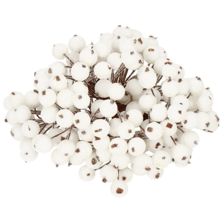 Set decorativ ramuri cu merisoare rosii artificiale inghetate, 15 cm, 200 boabe, alb [7]
