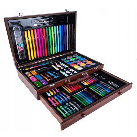 Dormitor & birou - Set desen pictura xl 130 piese valiza lemn creioane acuarele, 37x23x8 cm, complet, multicolor