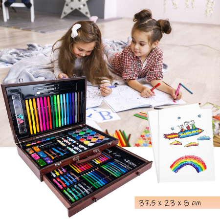 Set desen pictura xl 130 piese valiza lemn creioane acuarele, 37x23x8 cm, complet, multicolor [5]