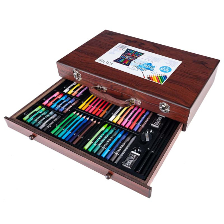Set desen pictura xl 130 piese valiza lemn creioane acuarele, 37x23x8 cm, complet, multicolor [3]