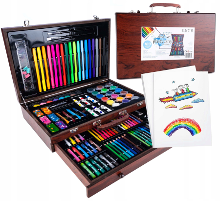 Set desen pictura xl 130 piese valiza lemn creioane acuarele, 37x23x8 cm, complet, multicolor [1]