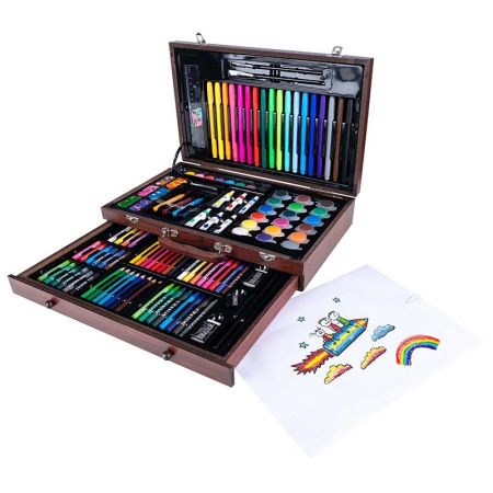 Set desen pictura xl 130 piese valiza lemn creioane acuarele, 37x23x8 cm, complet, multicolor [2]