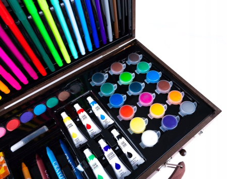 Set desen pictura xl 130 piese valiza lemn creioane acuarele, 37x23x8 cm, complet, multicolor [6]