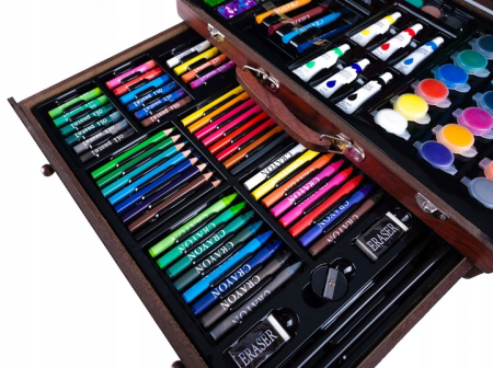 Set desen pictura xl 130 piese valiza lemn creioane acuarele, 37x23x8 cm, complet, multicolor [8]