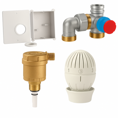 Incalzire in pardoseala - Set distribuitor Giacomini R508KY001, pentru incalzire in pardoseala, complet cu ventil termostatic, racorduri si cutie de montaj