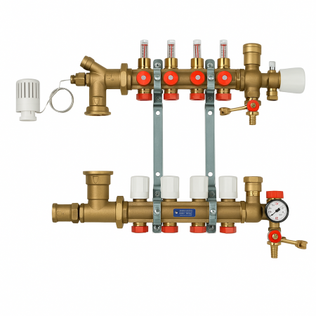 Incalzire in pardoseala - Set Distribuitor preasamblat cu debitmetre, Giacomini , 4 circuite, suprafata acoperita 60 mp, incalzire in pardoseala, reglare termostatica