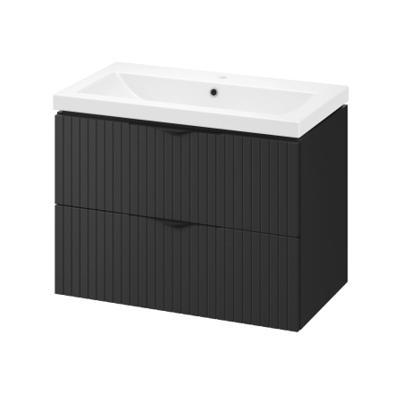 Mobilier pentru baie - Set dulap baie negru mat, suspendat 2 sertare lavoar inclus, 80 cm, riflaje 3D, MDF, Tirso, Cersanit