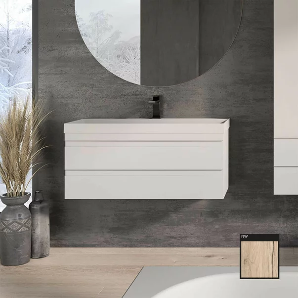 Set dulap baza suspendat KolpaSan Naomi finisaj lemn cu lavoar 100 cm [2]