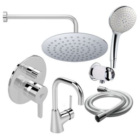 Baie - Set dus Ideal Standard IdealStyle B1433AA, incastrat, baterie lavoar, 200 mm, monocomanda, diverter, anti-calcar, furtun, crom