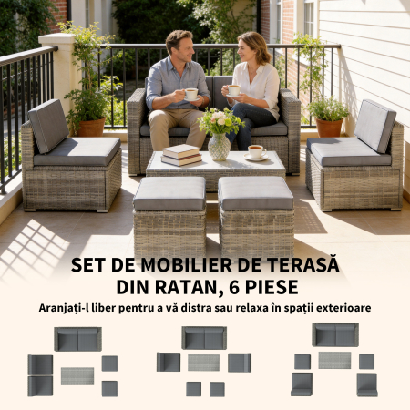  Set Exterior 6 Piese cu Canapea, 2 Scaune, Masa cu Blat din Sticla si 2 Suporturi pentru Picioare, Gri inchis [3]