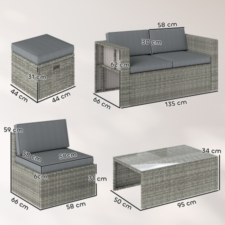  Set Exterior 6 Piese cu Canapea, 2 Scaune, Masa cu Blat din Sticla si 2 Suporturi pentru Picioare, Gri inchis [2]