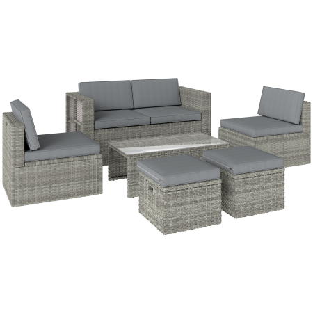 Seturi mobilier -  Set Exterior 6 Piese cu Canapea, 2 Scaune, Masa cu Blat din Sticla si 2 Suporturi pentru Picioare, Gri inchis