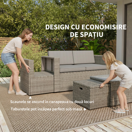  Set Exterior 6 Piese cu Canapea, 2 Scaune, Masa cu Blat din Sticla si 2 Suporturi pentru Picioare, Gri inchis [4]