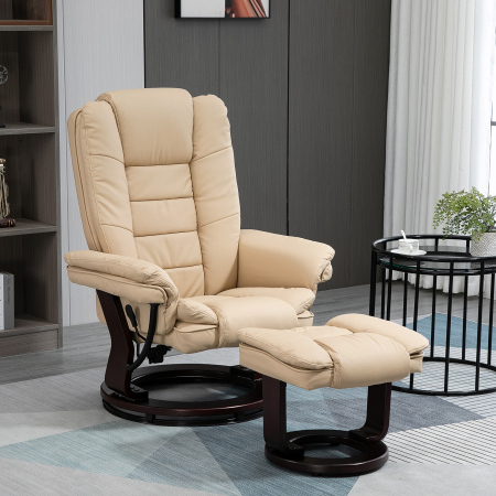  Set Fotoliu Relax & Pouf - Reclinabil, Rotativ 360° PU Bej [1]