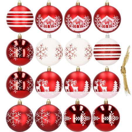 Set globuri de Craciun, 16 bucati, 8cm, 8 modele, rosu alb [10]