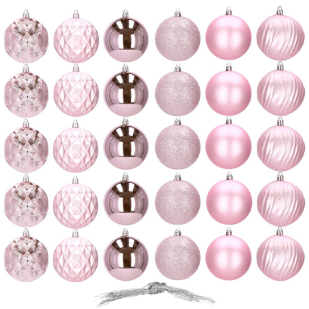 Set globuri de Craciun, 30 bucati, 6 modele, 8cm, roz [10]