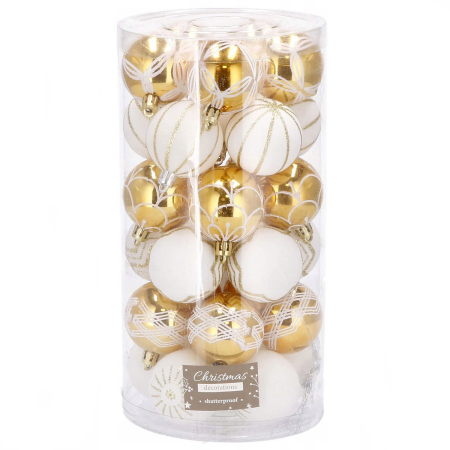Globuri - Set globuri de Craciun cu modele de sarbatori, 30 bucati, 5cm, alb auriu