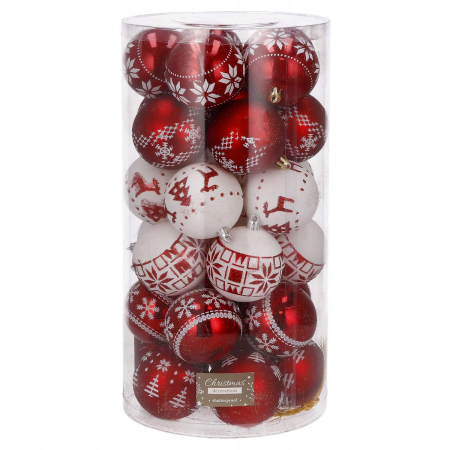 Globuri - Set globuri de Craciun cu modele de sarbatori, 30 bucati, 5cm, alb rosu