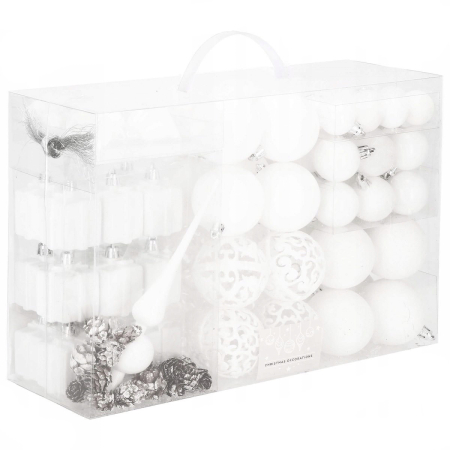 Globuri - Set globuri si decoratiuni de Craciun, 101 piese, diverse dimensiuni, alb