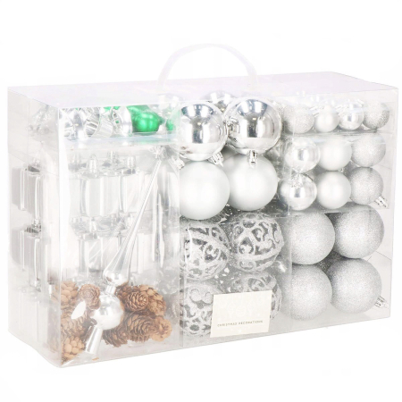 Globuri - Set globuri si decoratiuni de Craciun, 102 piese, diverse dimensiuni, argintiu