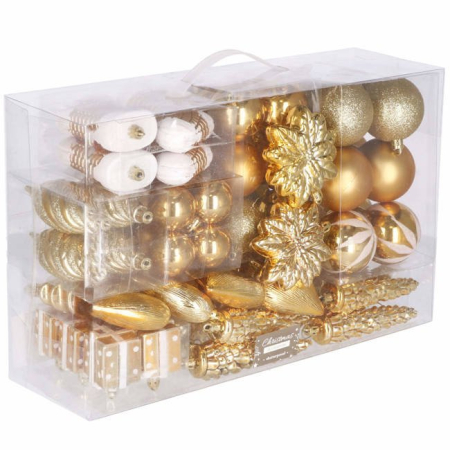 Globuri - Set globuri si decoratiuni de Craciun, 72 piese, diverse dimensiuni, auriu