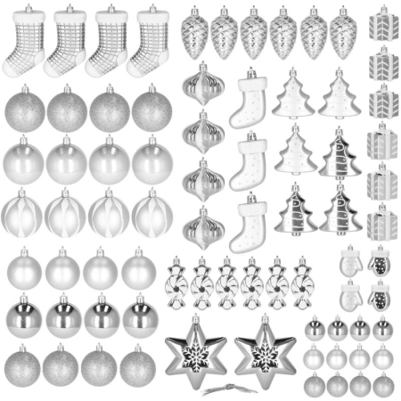Set globuri si decoratiuni de Craciun, 77 piese, diverse dimensiuni, argintiu [2]