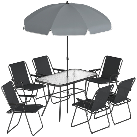 Seturi mobilier -  Set Gradina 8 piese cu Umbrela, 6 Scaune Pliabile si Masa din Sticla Temperata, Negru