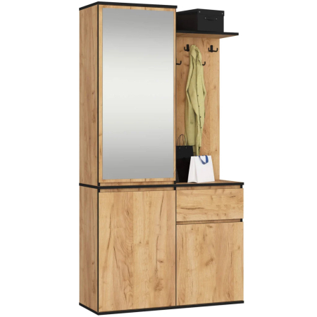 Mobila hol - Set hol Entro cu oglinda, cuier si spatii de depozitare, PAL laminat 16 mm, 95x35x183 cm, stejar craft