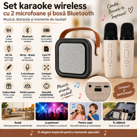 Set karaoke wireless cu 2 microfoane pentru duet si boxa Bluetooth portabila de 6 W, card TF si AUX, acumulator reincarcabil 800 mAh, design compact p [1]