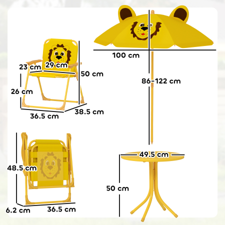  Set Masa, 2 Scaune si Umbrela pentru Gradina, pentru Copii 2-5 Ani, Galben [2]