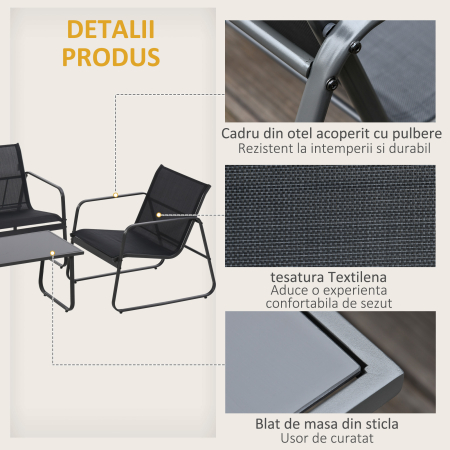  Set Masa Banca si 2 Scaune de Gradina din Metal si Textilen Neagra [4]