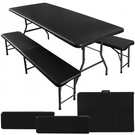 Set masa cu 2 banci pliabile tip valiza pentru gradina, camping sau evenimente, 180x70x74cm, negru [1]